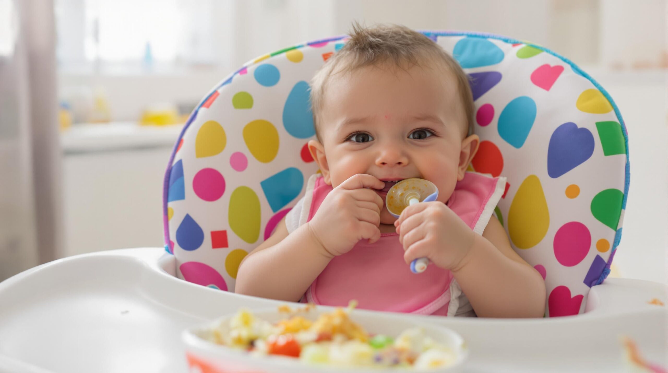 Utensílios para a Introdução Alimentar 33 Bebê sentado em cadeira de alimentação comendo feliz.
